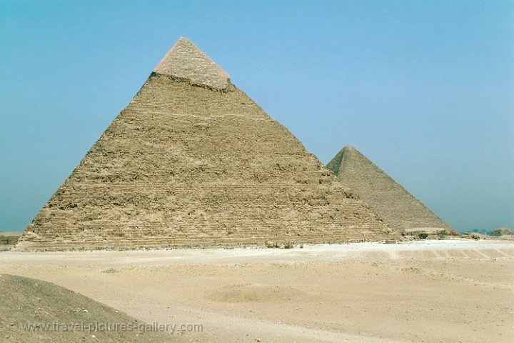 the Pyramids of Chefren (or Khafre) and Cheops (Khufu) to the right
