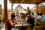 tourists having lunch at the pyramids at Giza