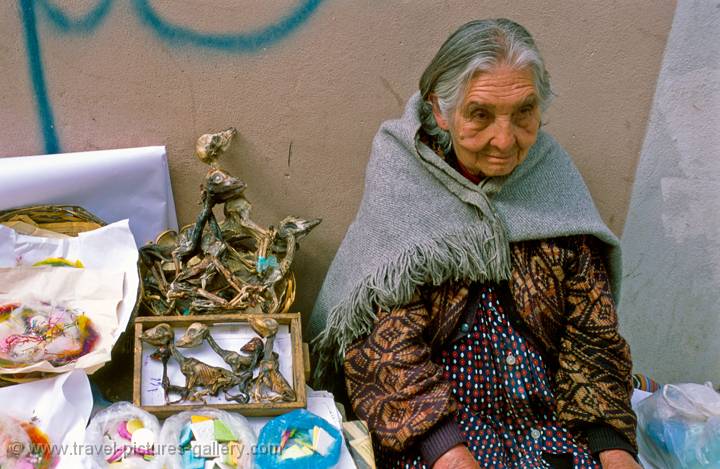 woman selling llama foetusses, witches market, La Paz, Bolivia
